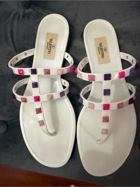 Valentino White Studded T-Strap Sandals - Women's